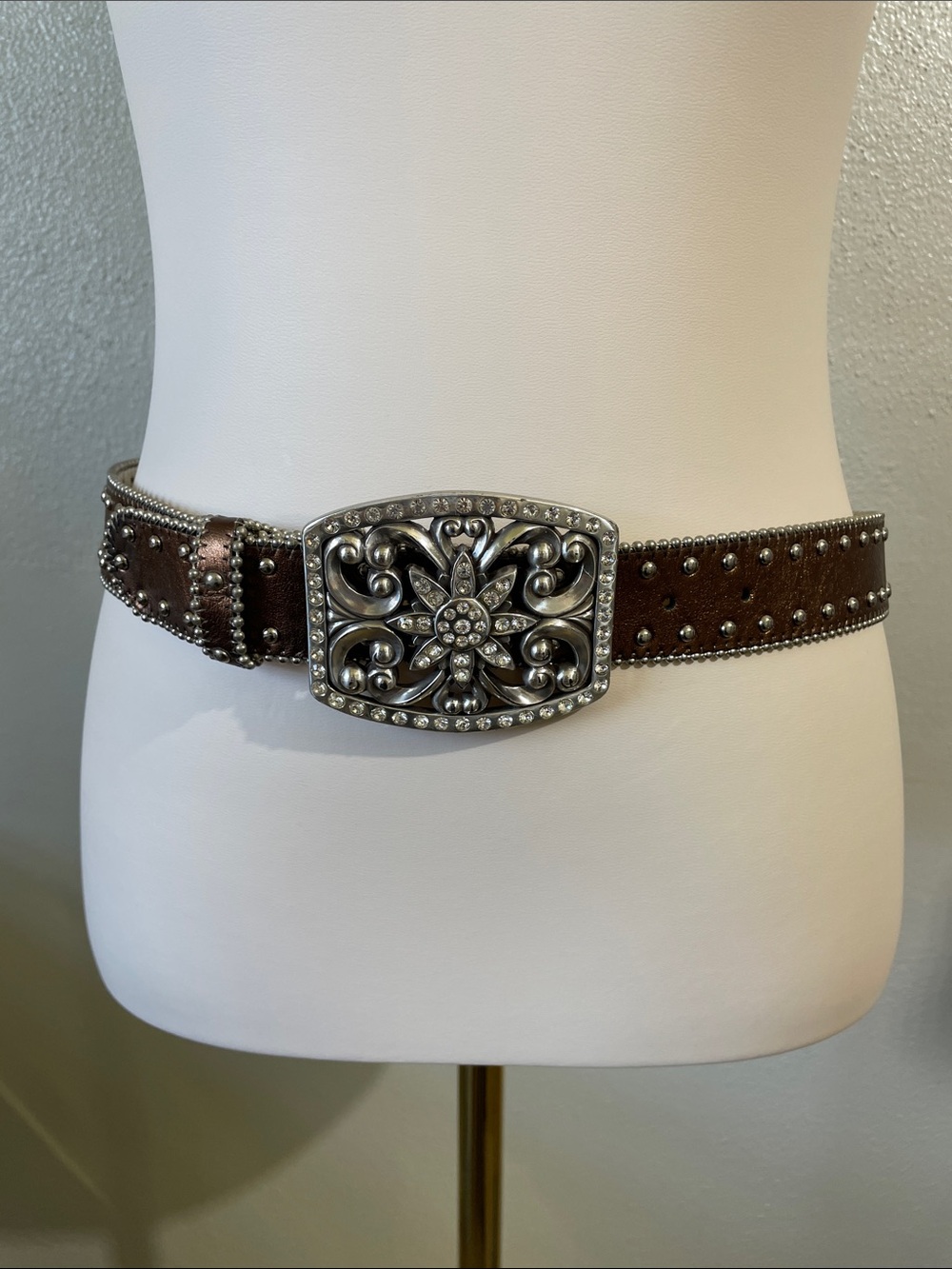 Vtg FoxyGoods Metallic Brown Leather Studded Belt S Ornate Buckle Western Boho